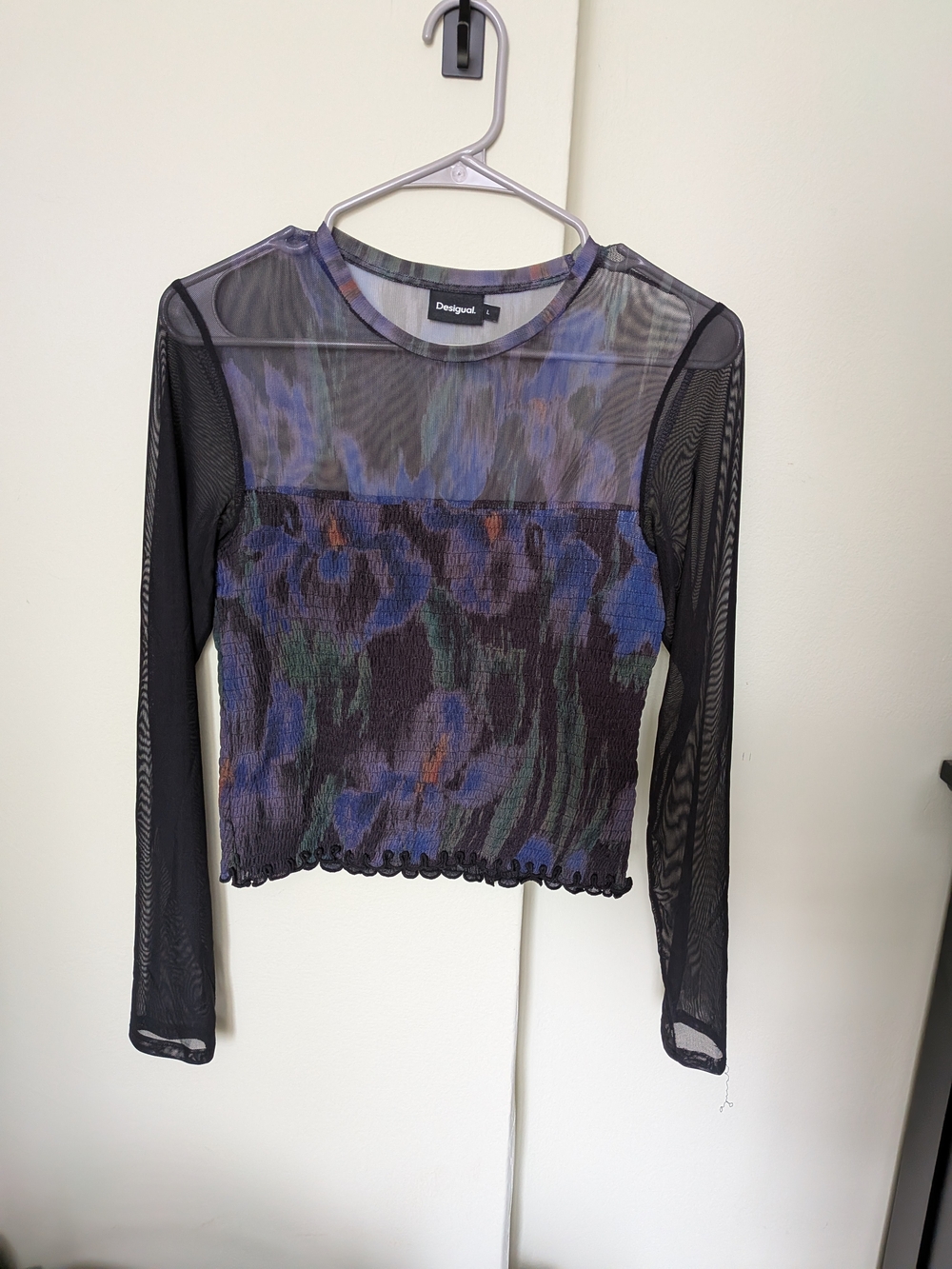Desigual Black Sheer Long-Sleeve Floral Mesh Top